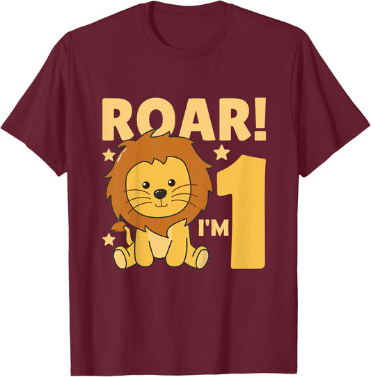 Kids 1st Birthday Lion 1 Year Old Cub Lion T-Shirt - T-Shirt | Maroon