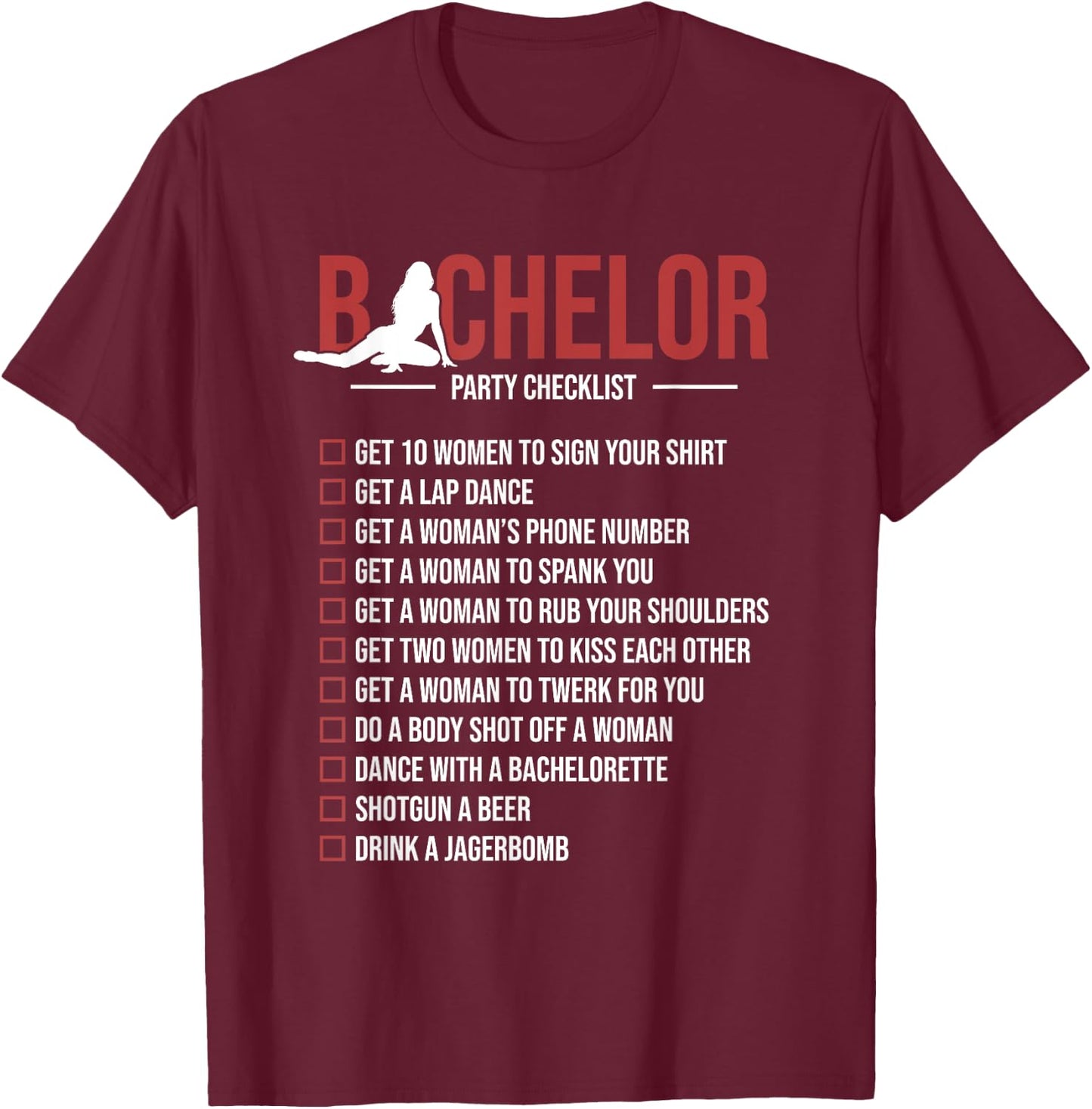 Bachelor Party Checklist Funny Groom Bachelor Party T-Shirt - T-Shirt | Maroon