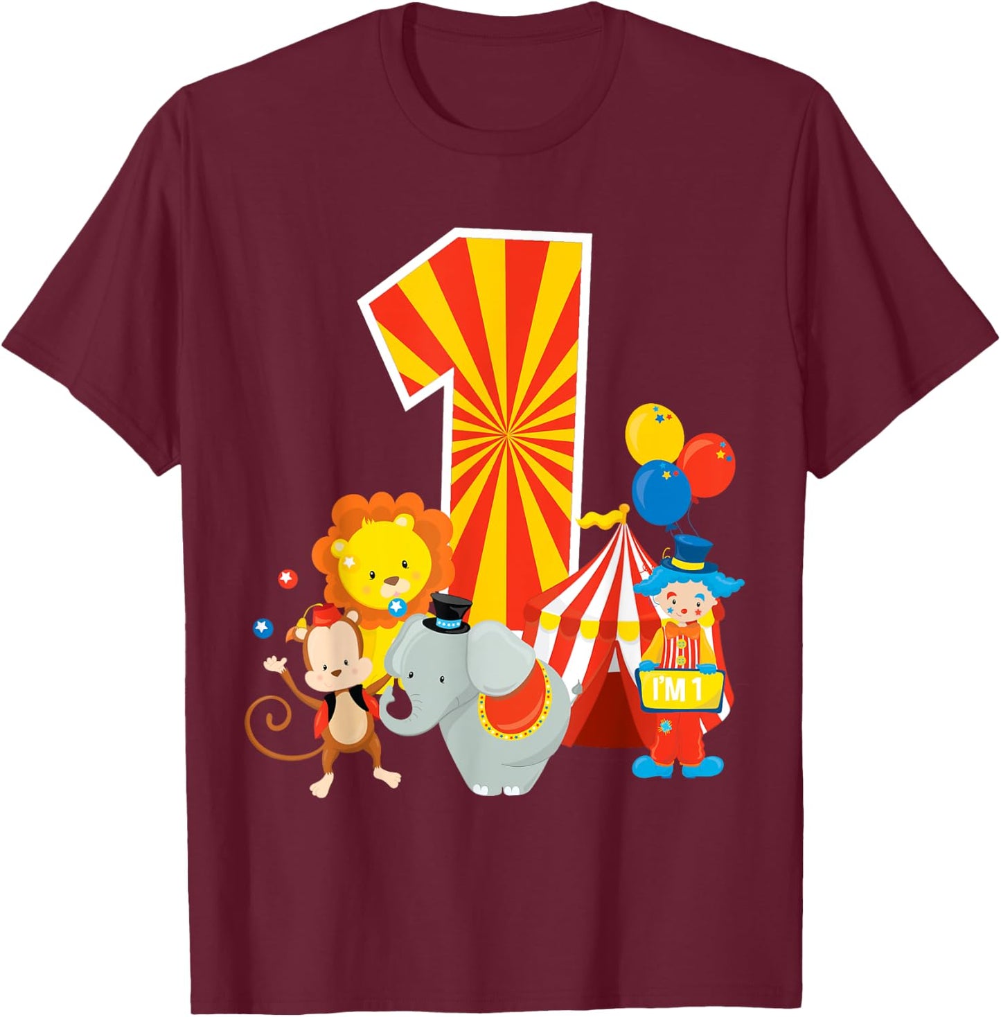 1st Birthday Shirt Boys Girls Circus Theme Birthday Party T-Shirt - T-Shirt | Maroon