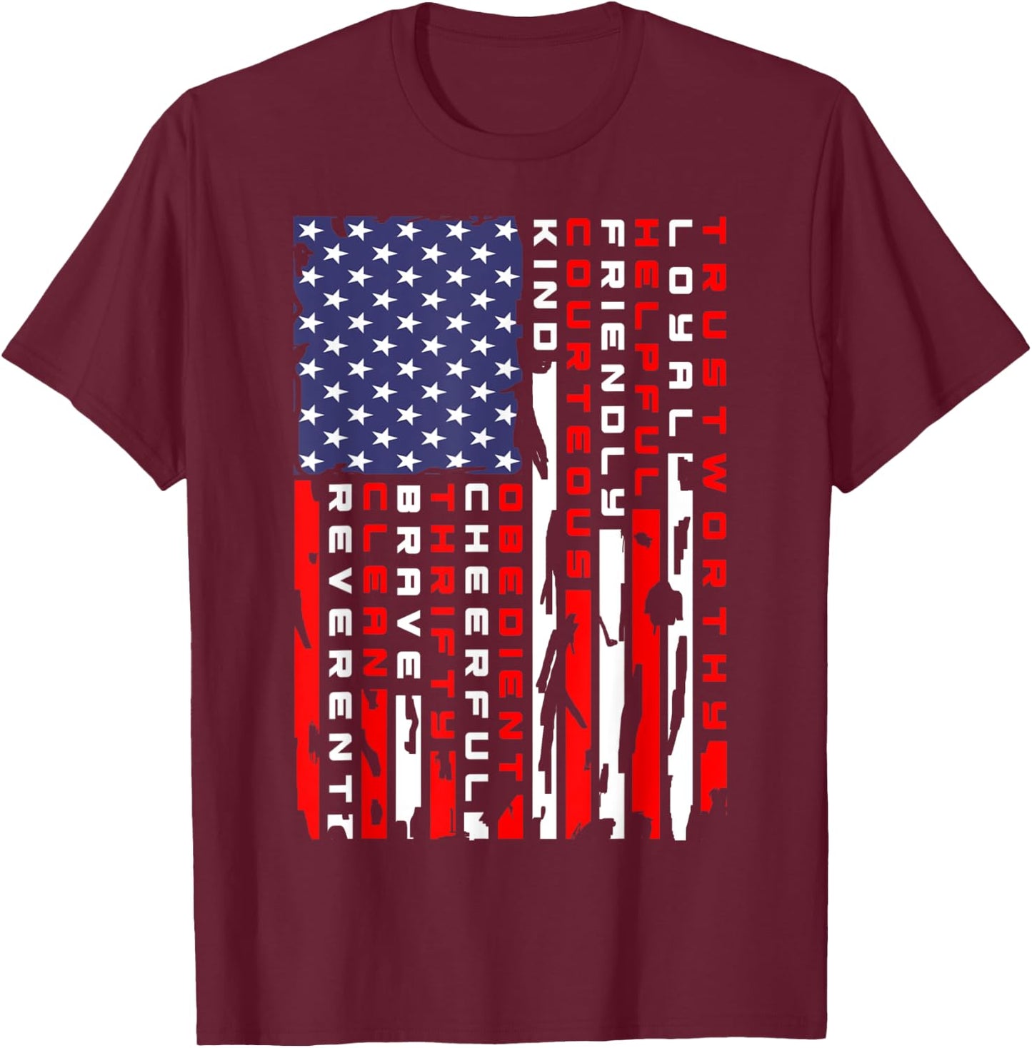 Vintage American Flag Scouting Law T-Shirt - T-Shirt | Maroon
