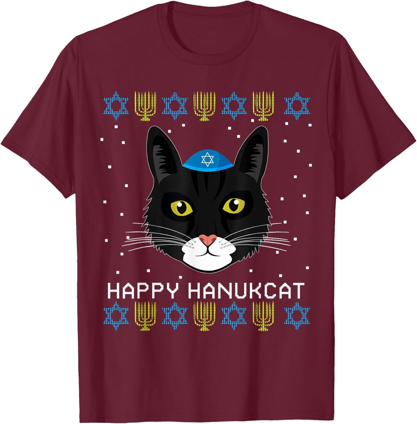 Happy Hanukcat Ugly Hanukkah Sweater Cat Chanukah Jewish Women T-Shirt - T-Shirt | Maroon