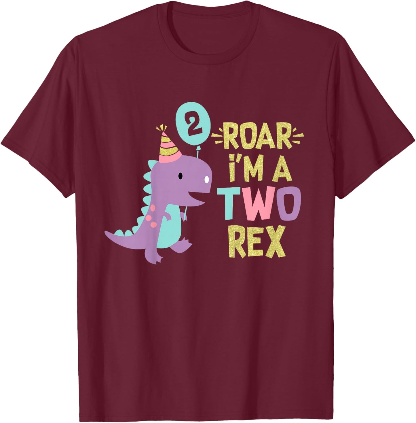 Two Rex 2nd Birthday Girls Cute Second Dinosaur 2 Year Old T-Shirt - T-Shirt | Maroon