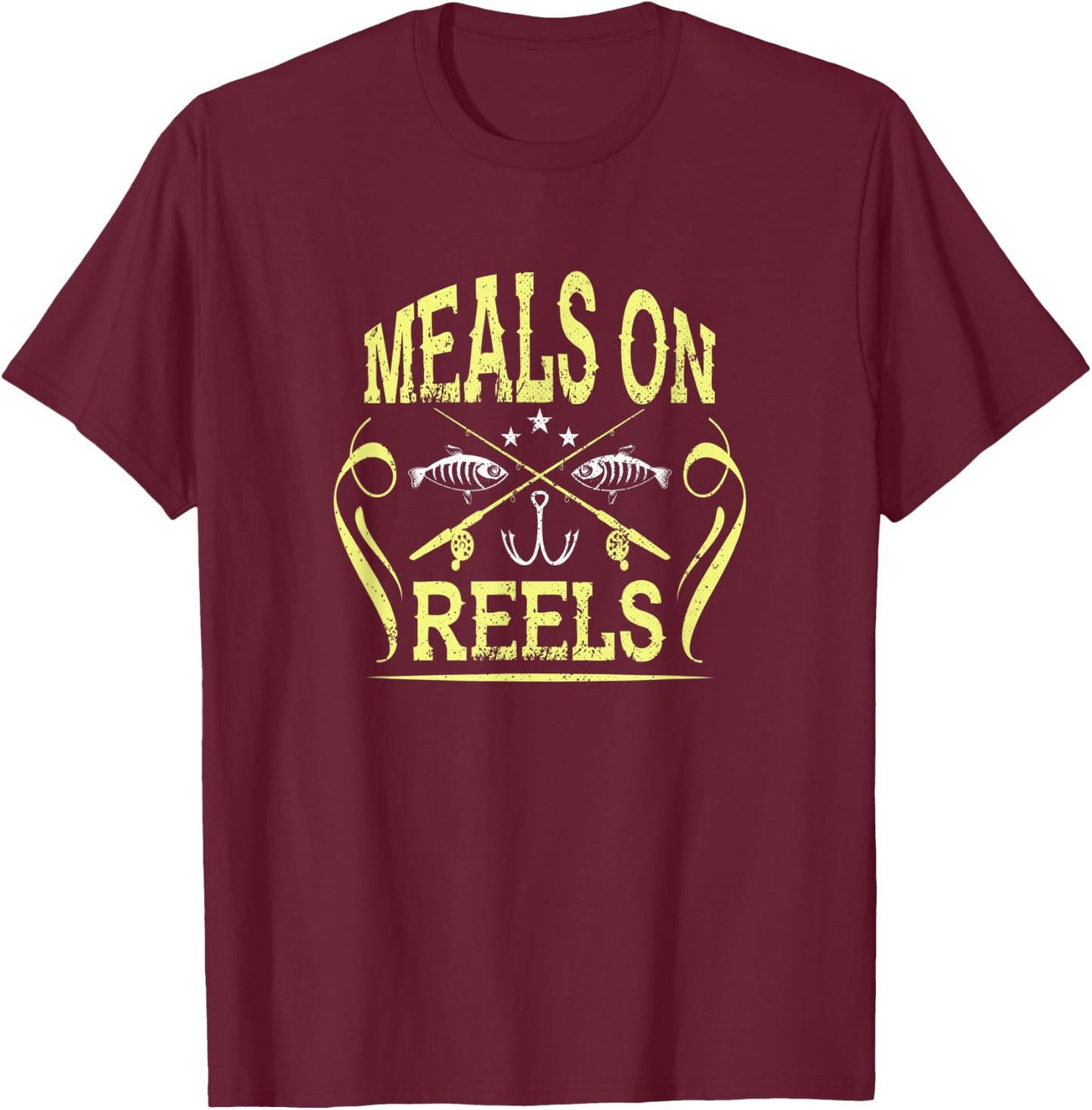 Meals On Reels Funny Fishing Vintage T-Shirt - T-Shirt | Maroon