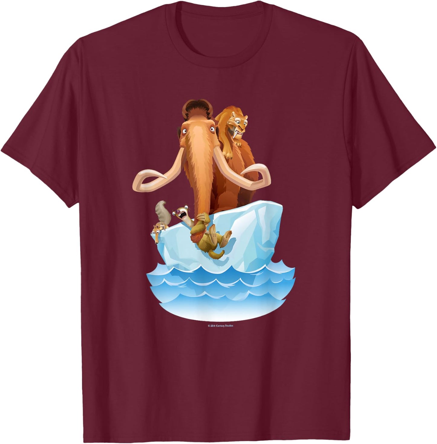 Ice Age Manfred Diego Sid and Scrat on Iceberg T-Shirt - T-Shirt | Maroon