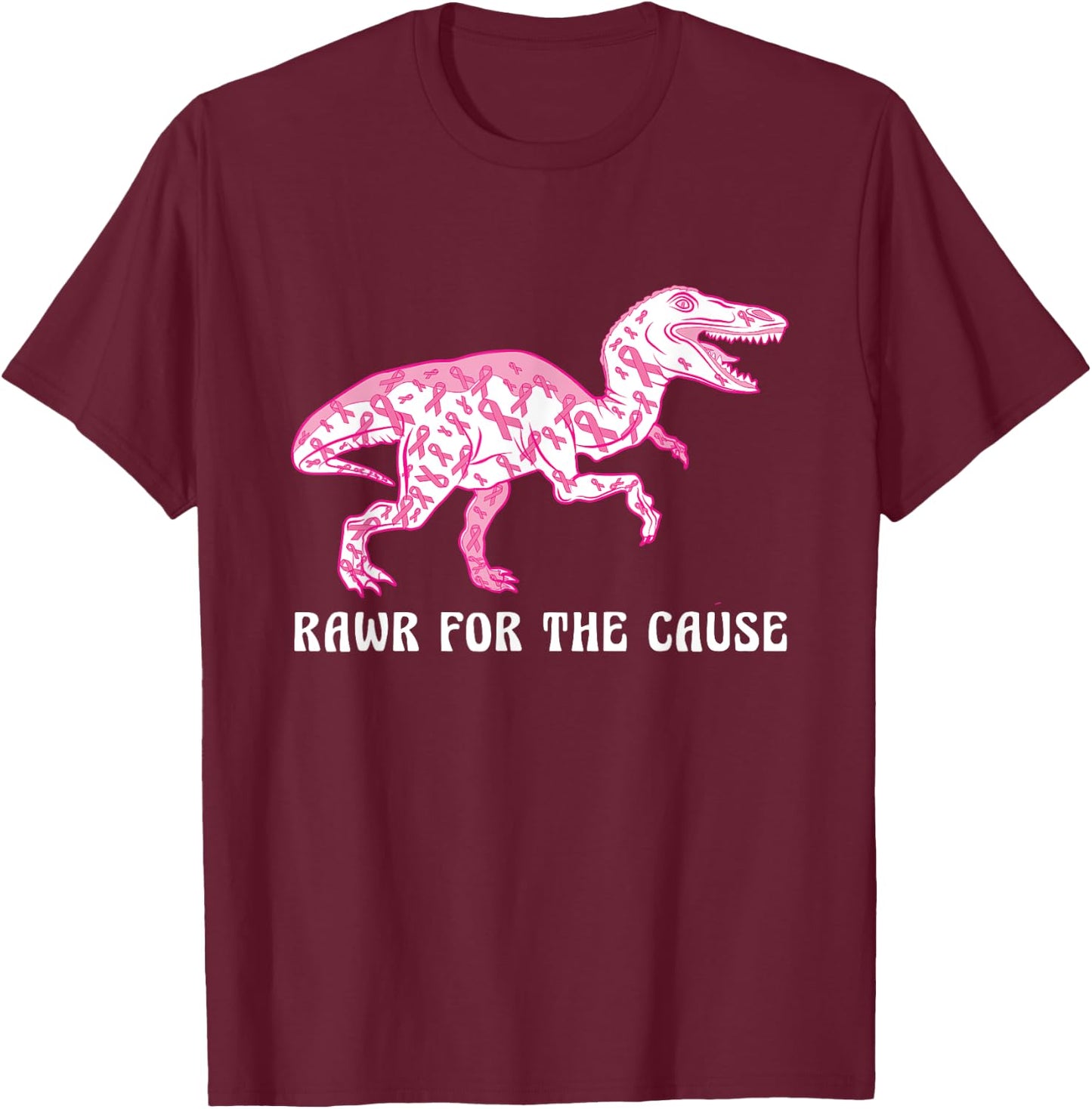 Dinosaur Pink Ribbon Breast Cancer Awareness Month Warrior T-Shirt - T-Shirt | Maroon