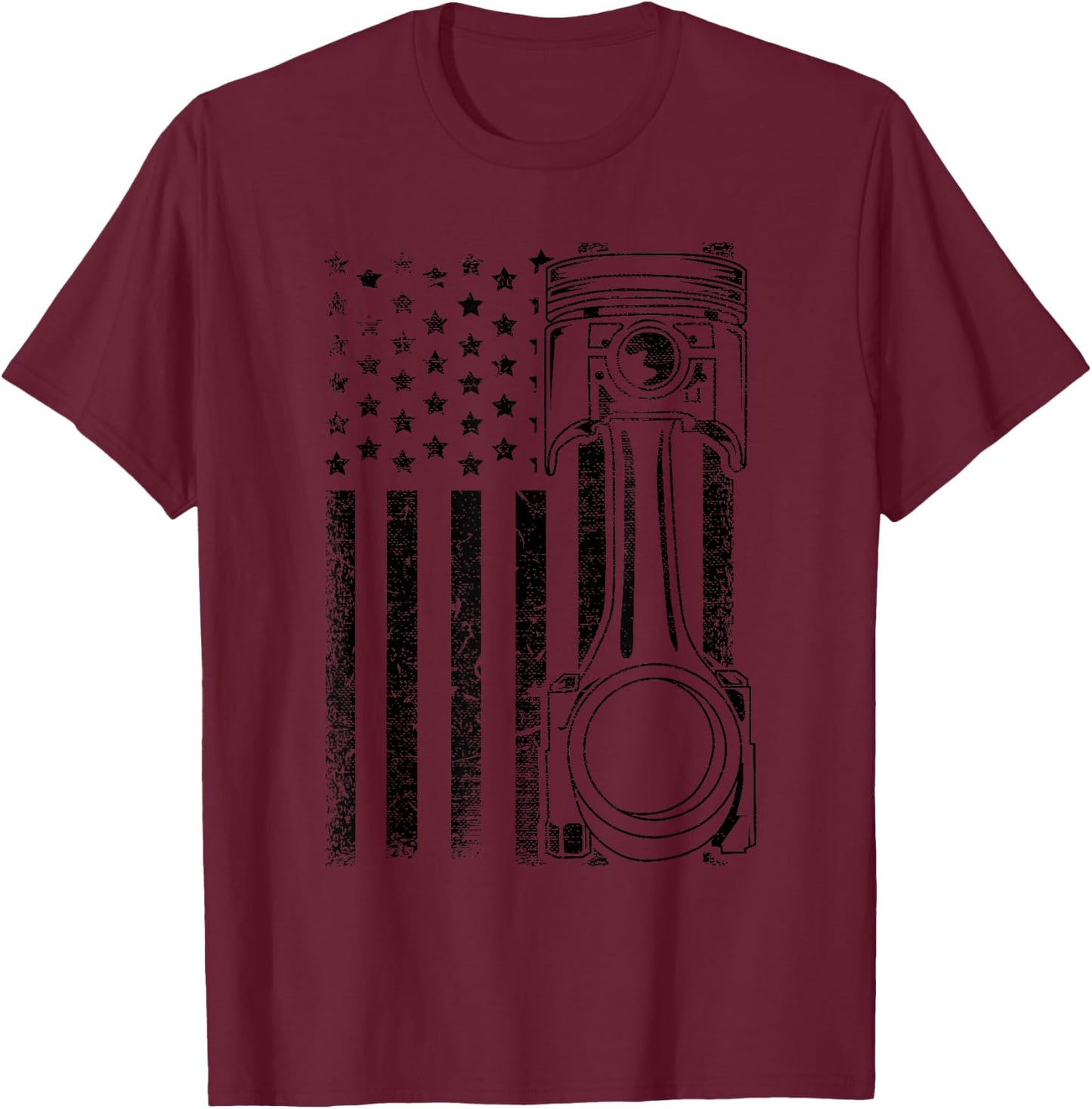 Vintage American Flag Piston Funny Muscle Car Mechanic Gift T-Shirt - T-Shirt | Maroon
