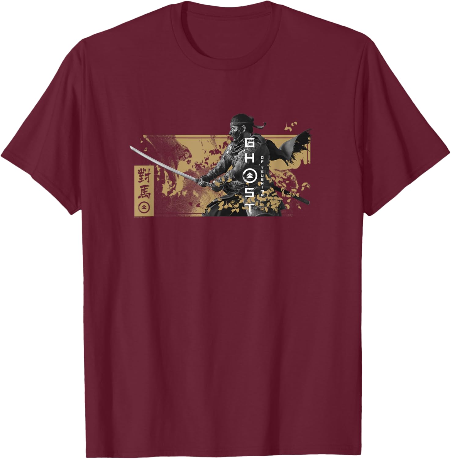 Ghost of Tsushima Katana with Falling Leaves T-Shirt - T-Shirt | Maroon