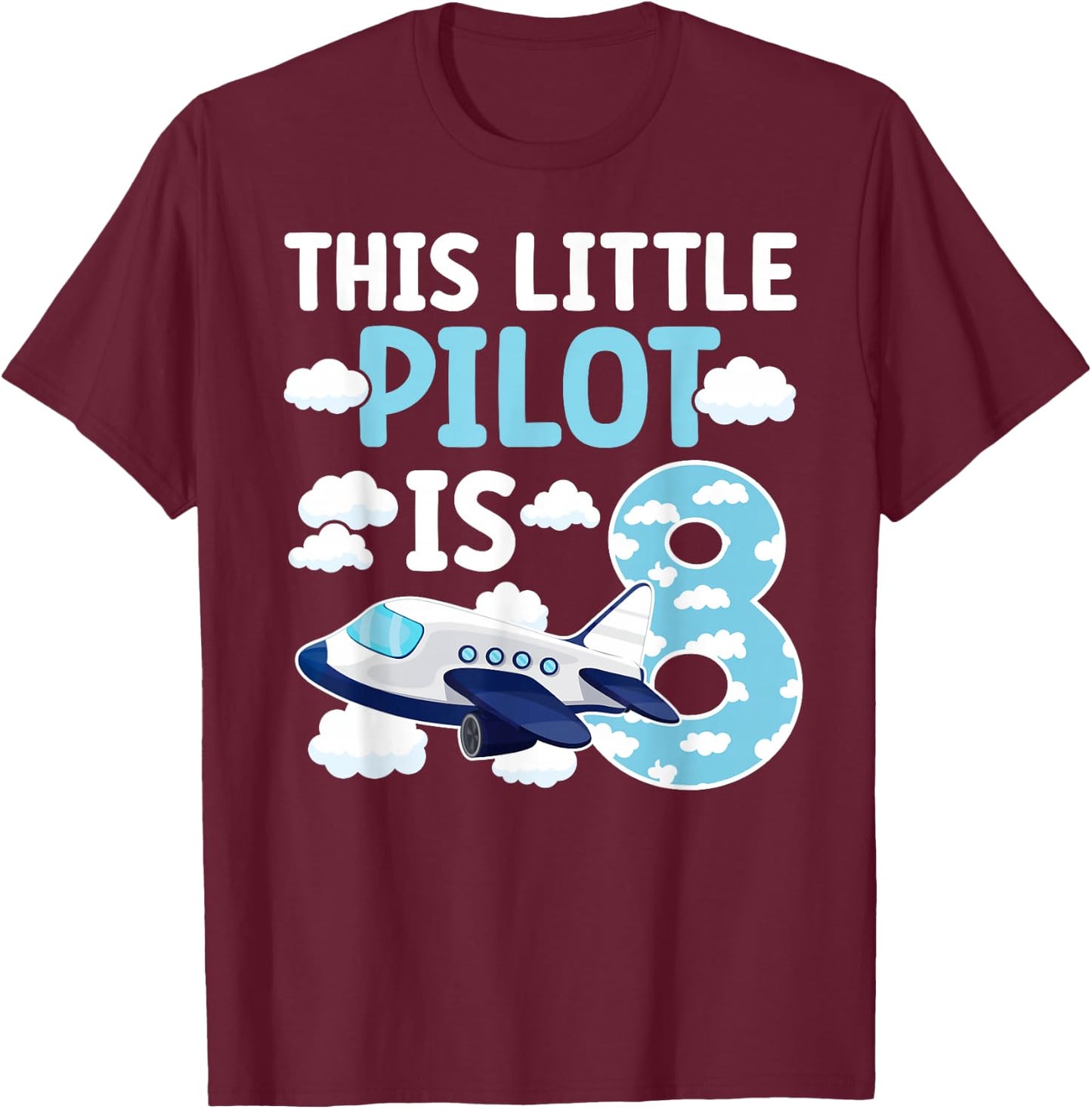 8th Airplane Birthday Party Eight Year Old Pilot Birthday T-Shirt - T-Shirt | Maroon