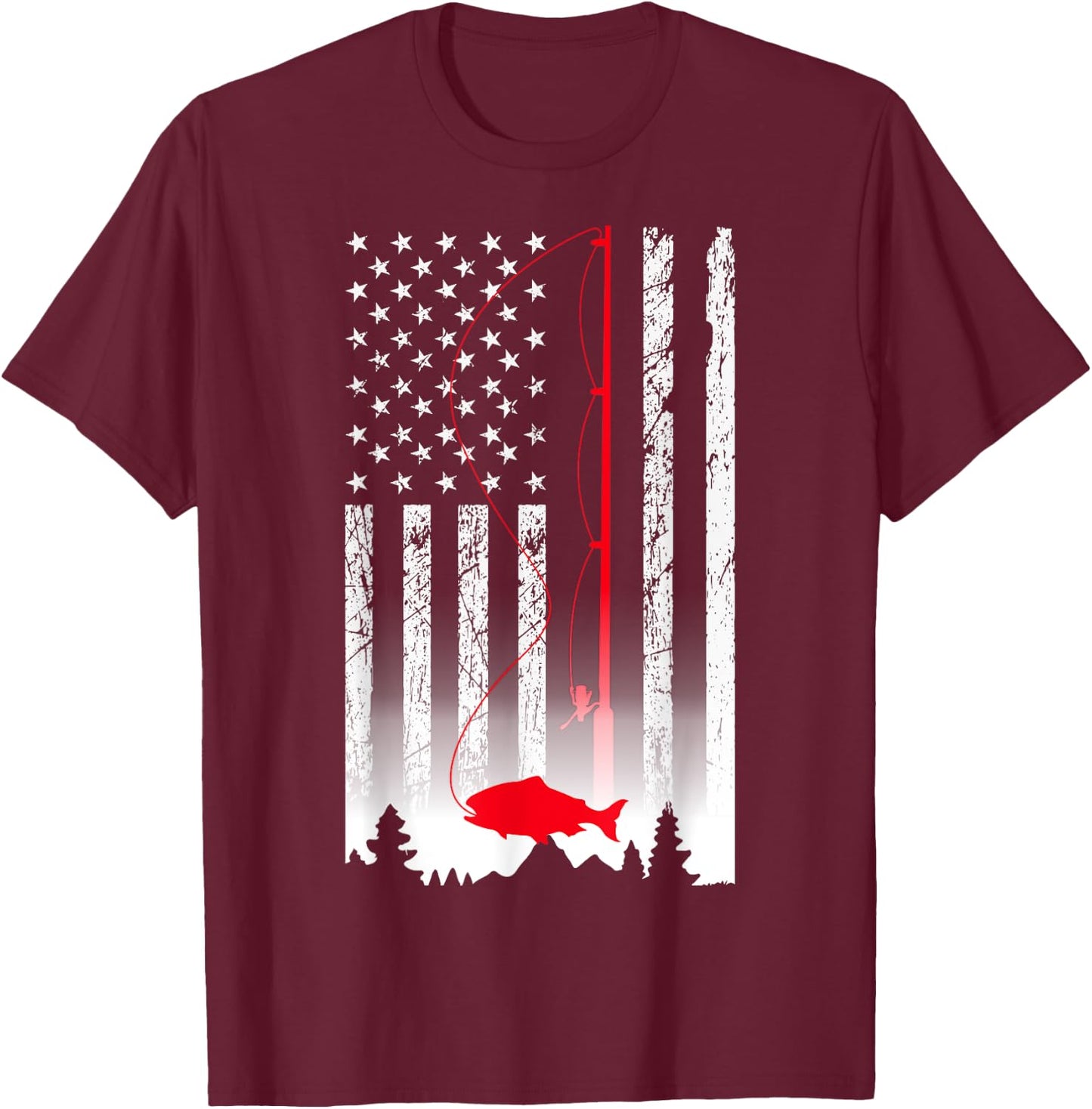 American Flag Fishing Rod USA Patriotic Lover T-Shirt - T-Shirt | Maroon