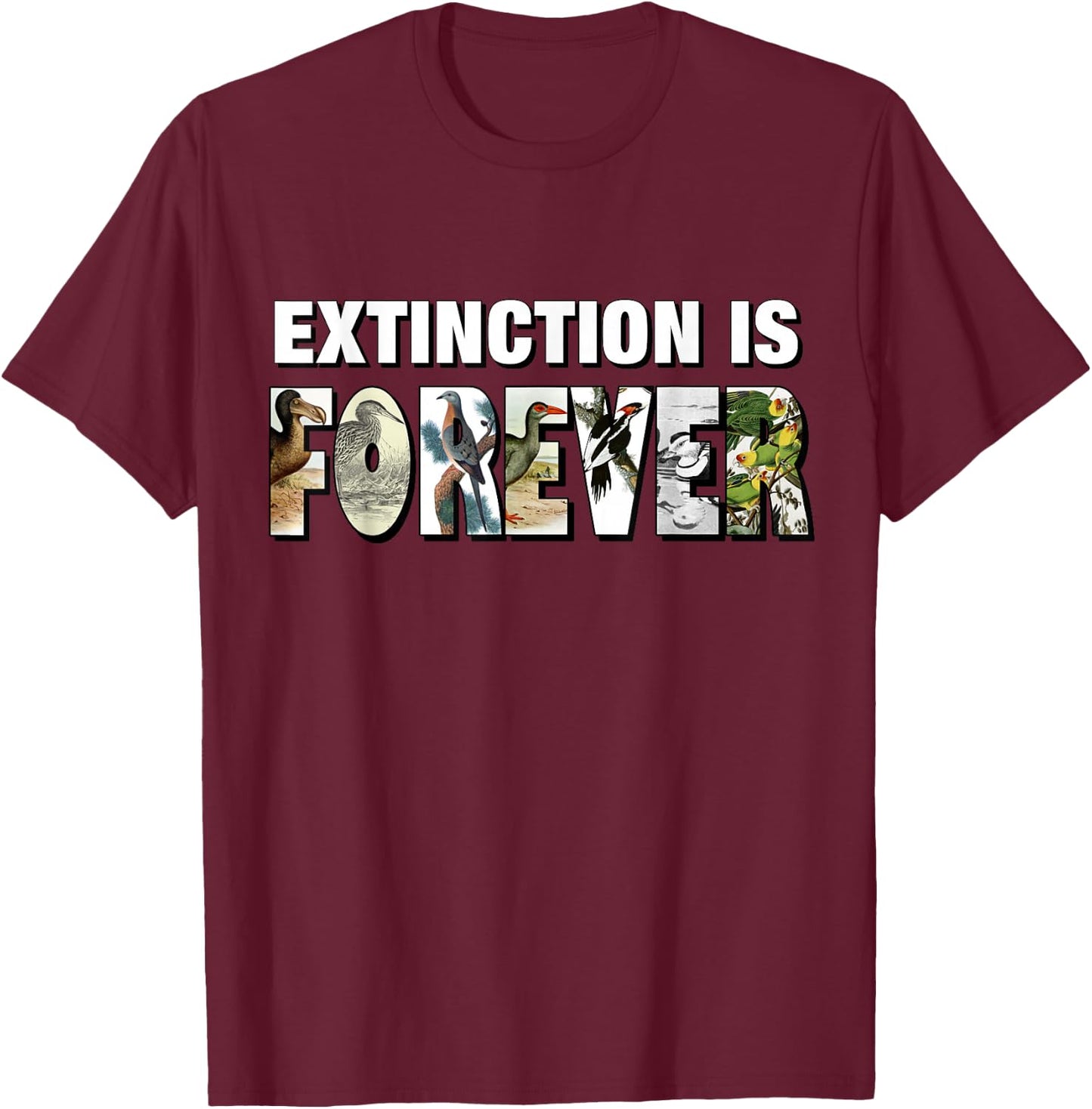 Extinction is Forever Graphic Extinct Birds Conservation T-Shirt - T-Shirt | Maroon