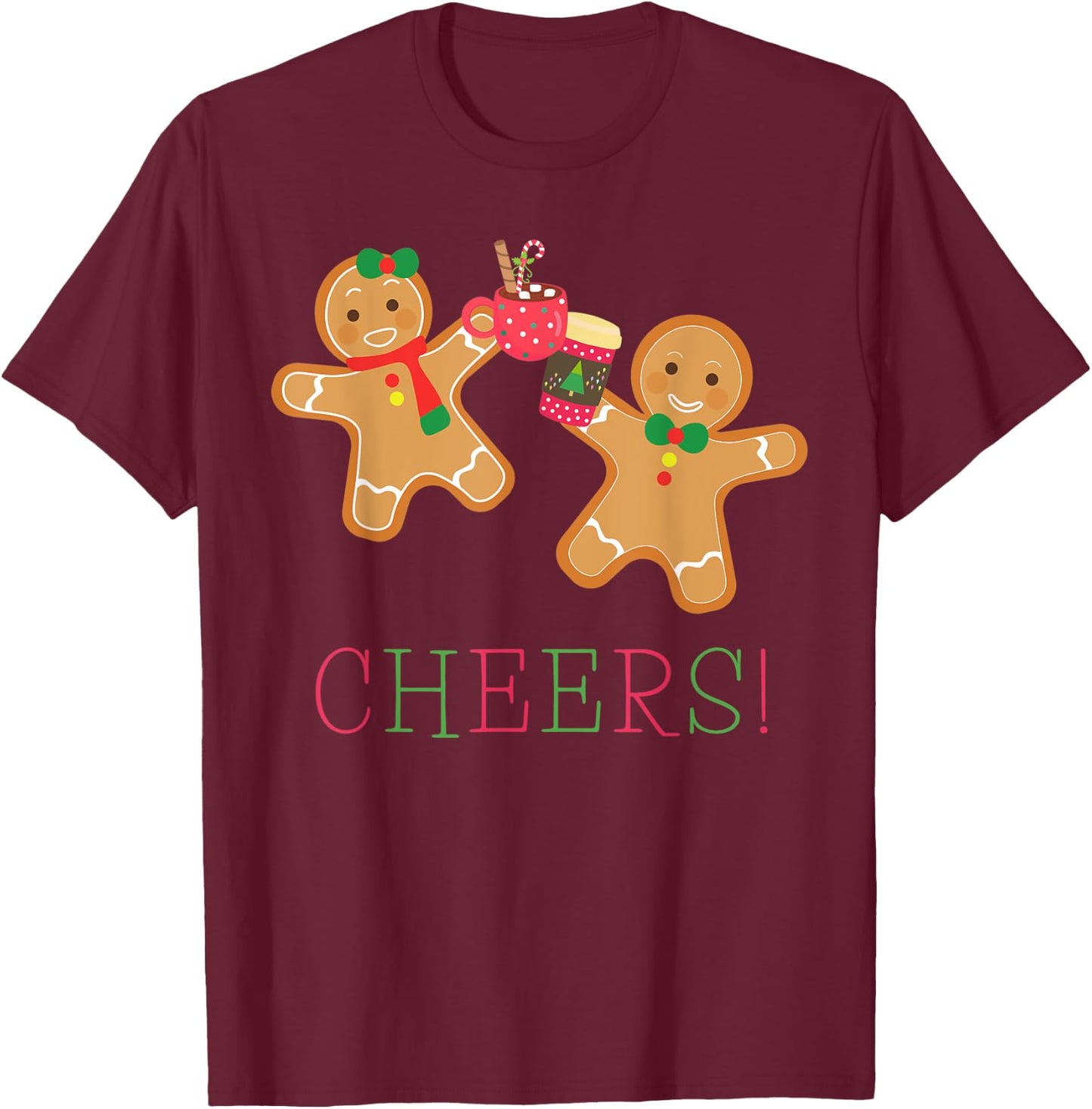 Cheers Gingerbread Man and Woman Hot Chocolate Coffee T-Shirt - T-Shirt | Maroon