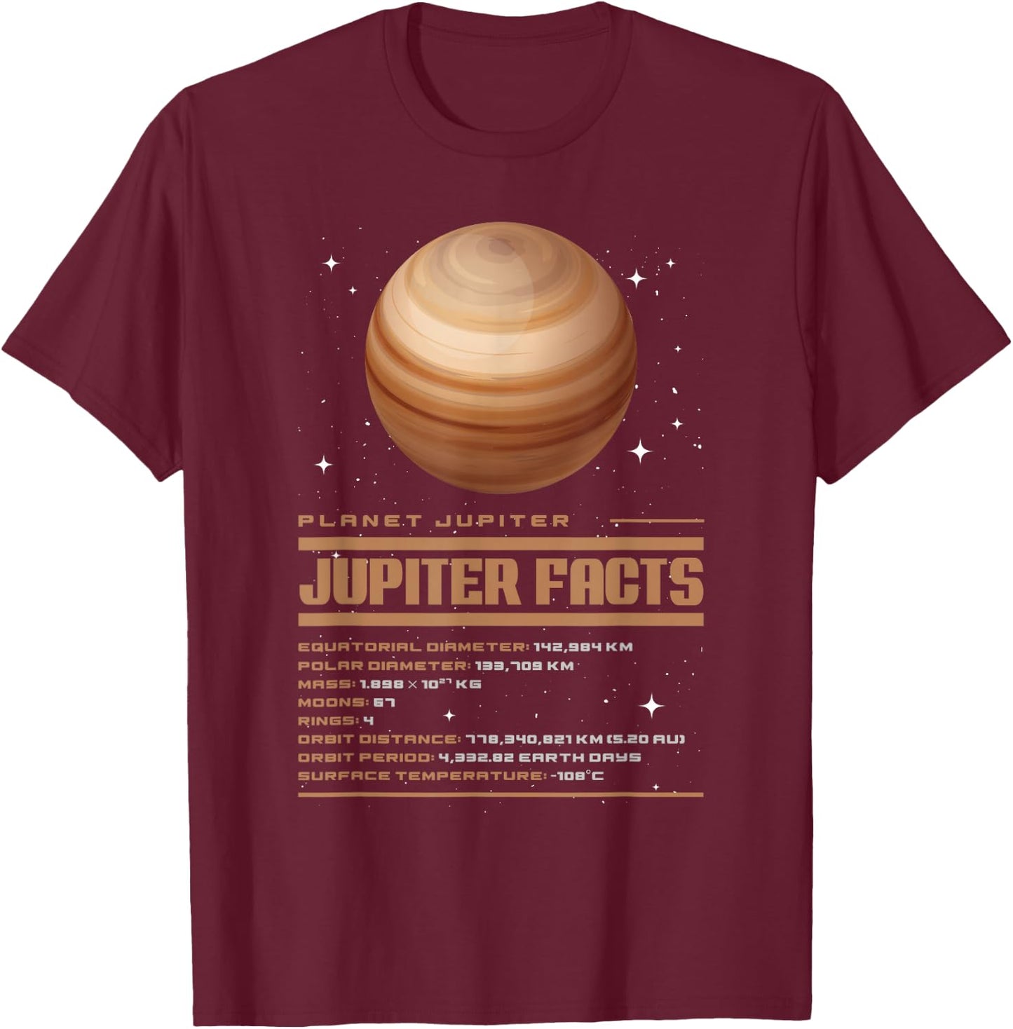 Fun Astronomy Facts Jupiter Facts - Kids, Vacationers - Black - Short Sleeve - Small - Classic Fit - Cotton 60%, Polyester 40% T-Shirt - T-Shirt | Maroon