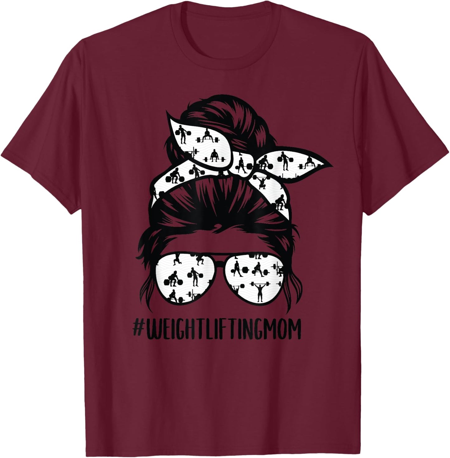 Weightlifting mom life messy bun hair glasses T-Shirt - T-Shirt | Maroon