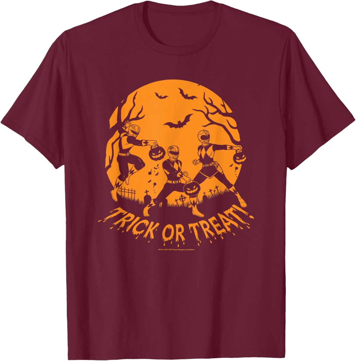 Power Rangers Halloween Group Shot Trick Or Treat Silhouette T-Shirt - T-Shirt | Maroon