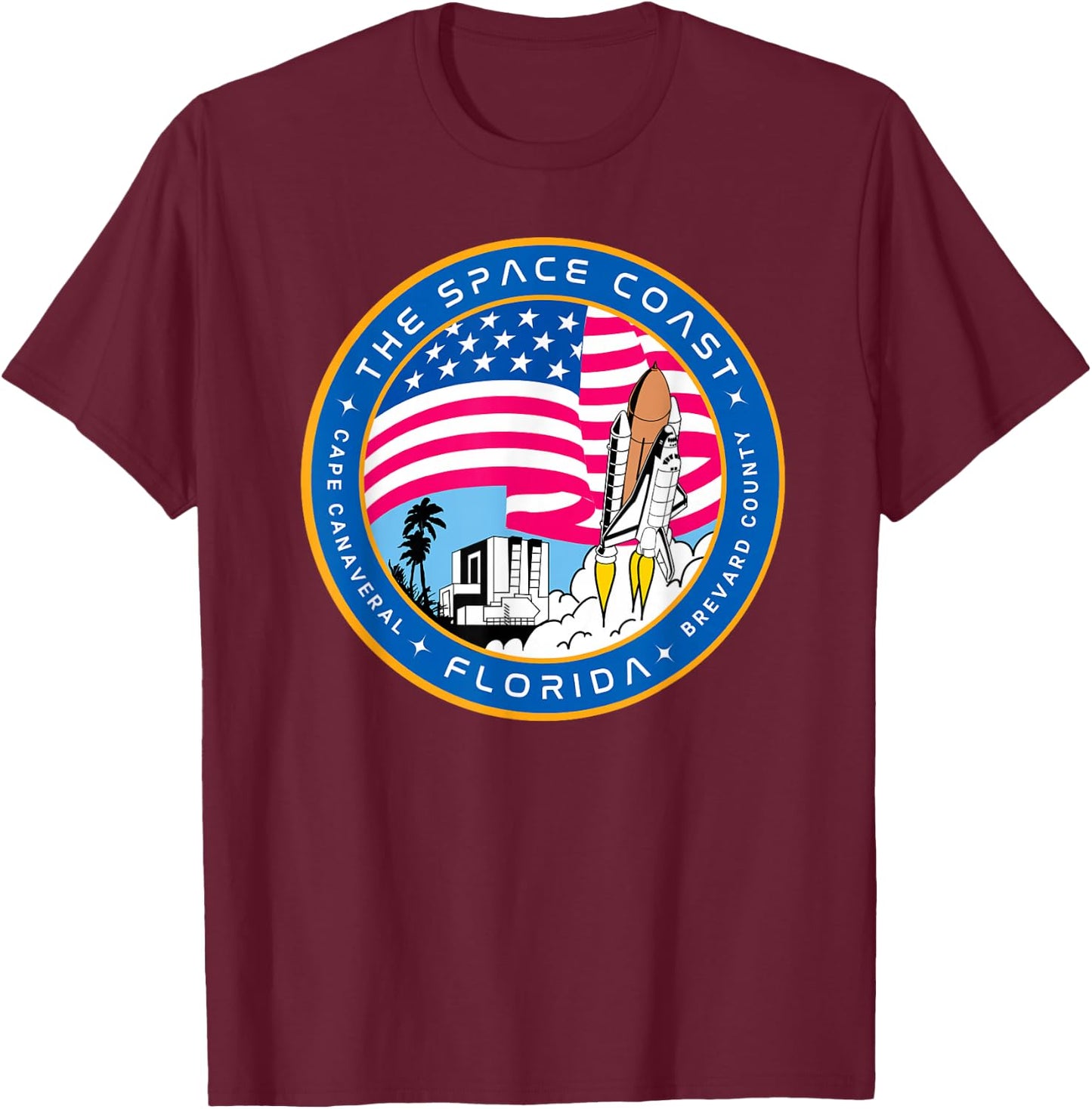 Space Coast Cape Canaveral Florida Space Shuttle Emblem T-Shirt - T-Shirt | Maroon