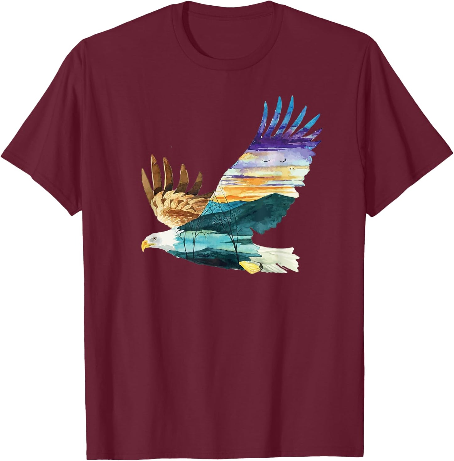 Flying Bald Eagle Mountain Sky Scenary Silhouette T-Shirt - T-Shirt | Maroon
