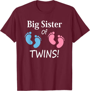 Big Sister of Twin Boy and Girl Siblings Footprints T-Shirt - T-Shirt | Maroon