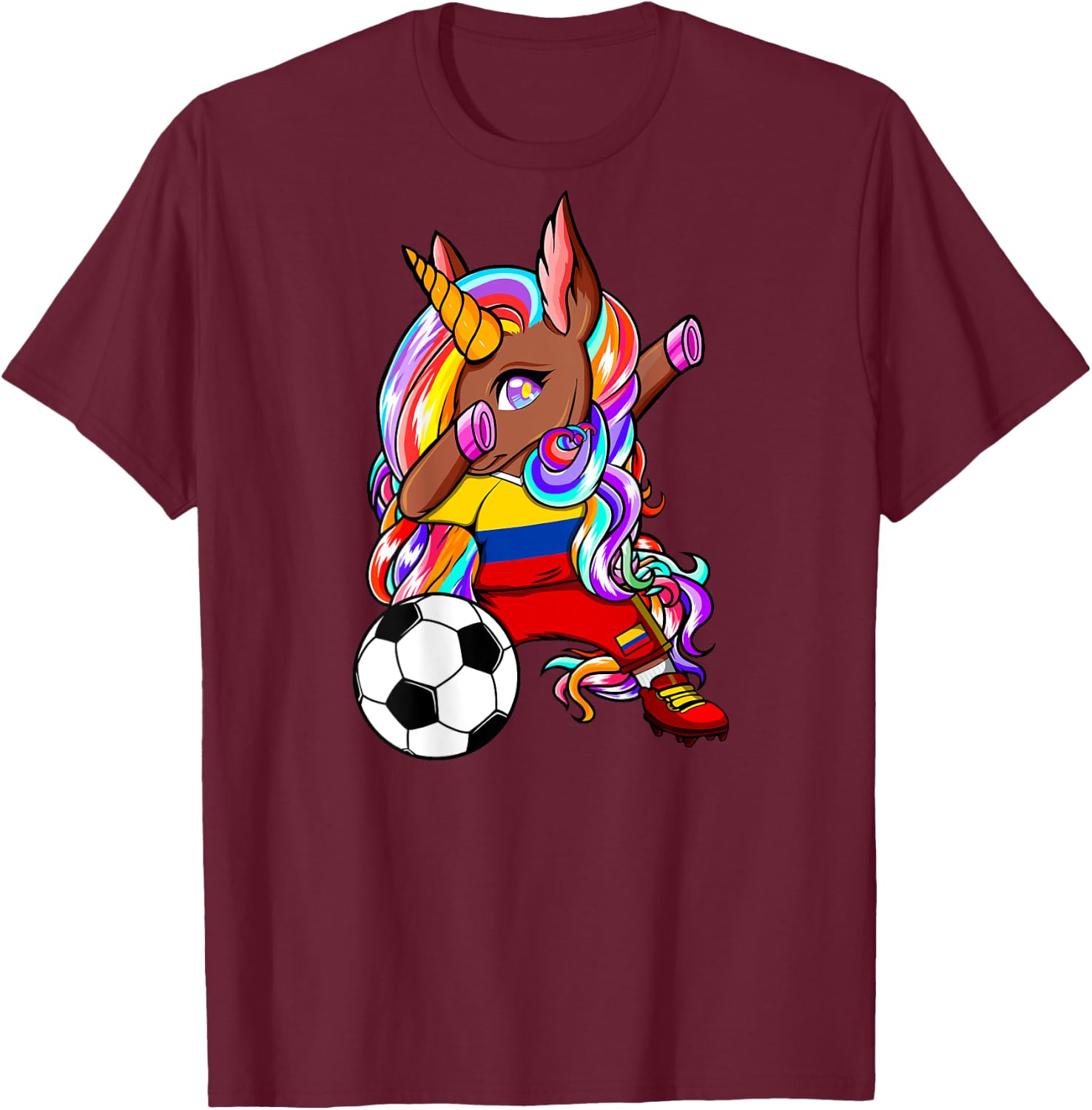 Dabbing Brown Skin Unicorn Colombia Soccer Lovers Football T-Shirt - T-Shirt | Maroon