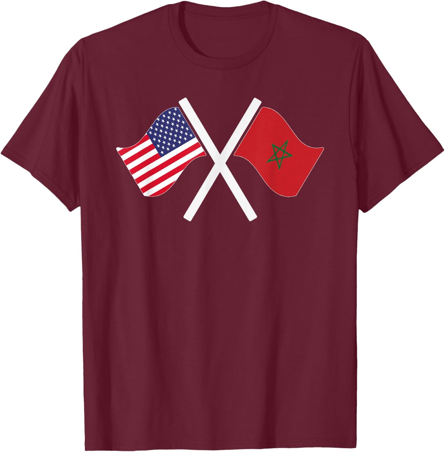 USA and Morocco Crossed Flags Dual Roots T-Shirt - T-Shirt | Maroon