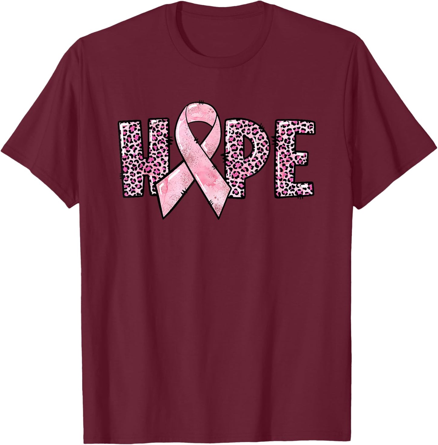 Hope - Breast Cancer Awareness Leopard Cheetah Pink Ribbon T-Shirt - T-Shirt | Maroon
