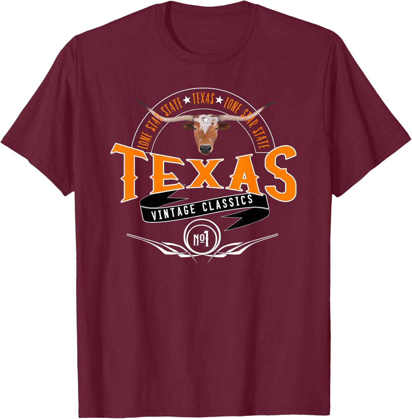 Vintage Classic Style Texas Lone Star Longhorn Design T-Shirt - T-Shirt | Maroon