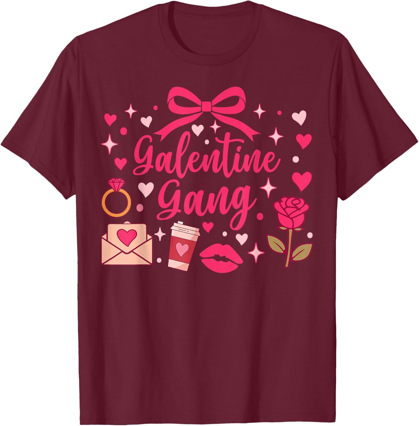 Galentine Gang Coquette Bow Aesthetic Pink Hearts T-Shirt - T-Shirt | Maroon