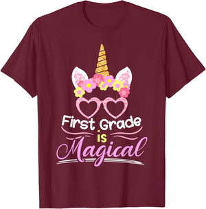 First Grade Is Magical Girls Unicorn Back To School T-Shirt - T-Shirt | Maroon