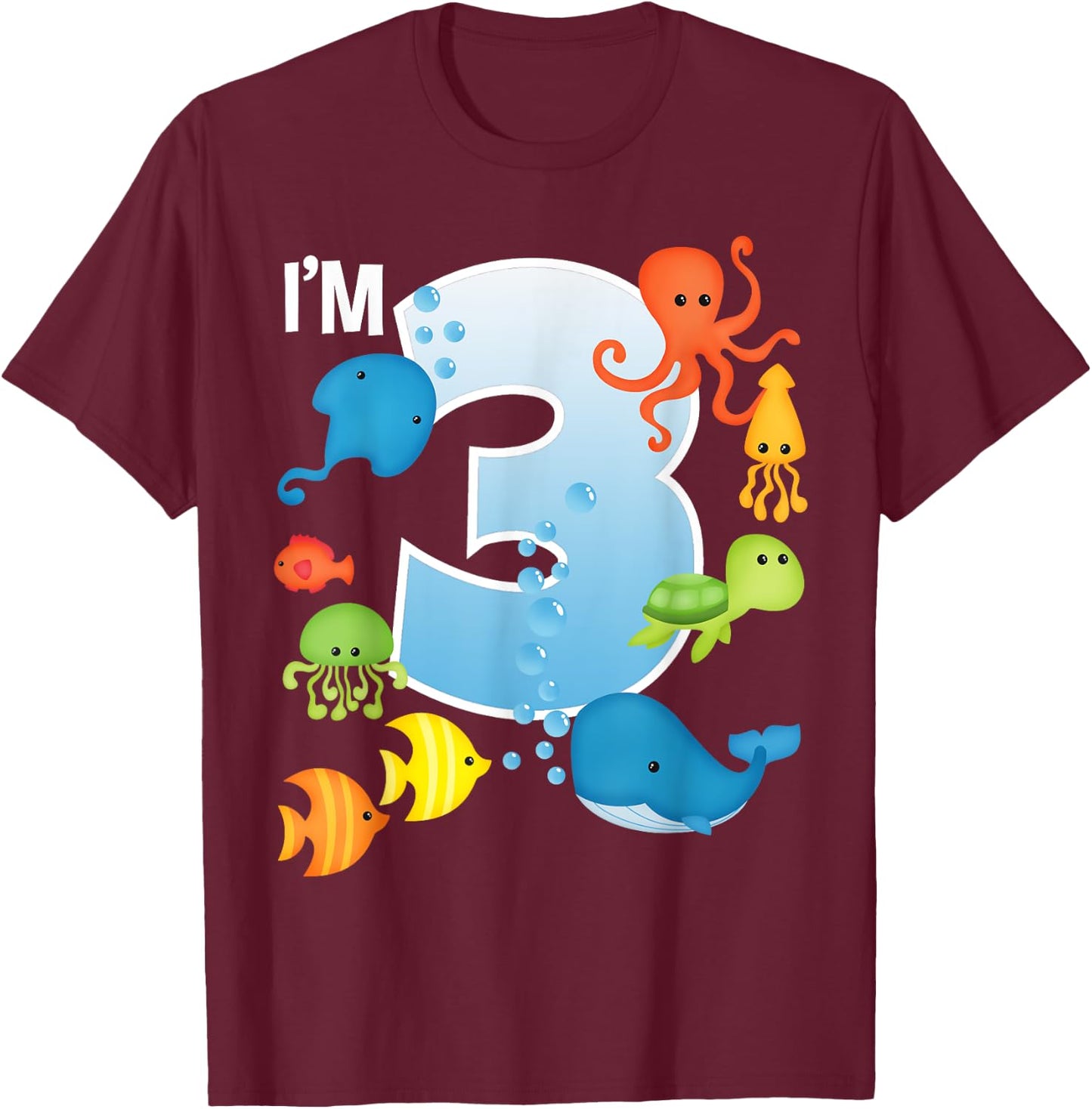 Ocean See Underwater 3 Year Old Under The Sea Birthday Party T-Shirt - T-Shirt | Maroon
