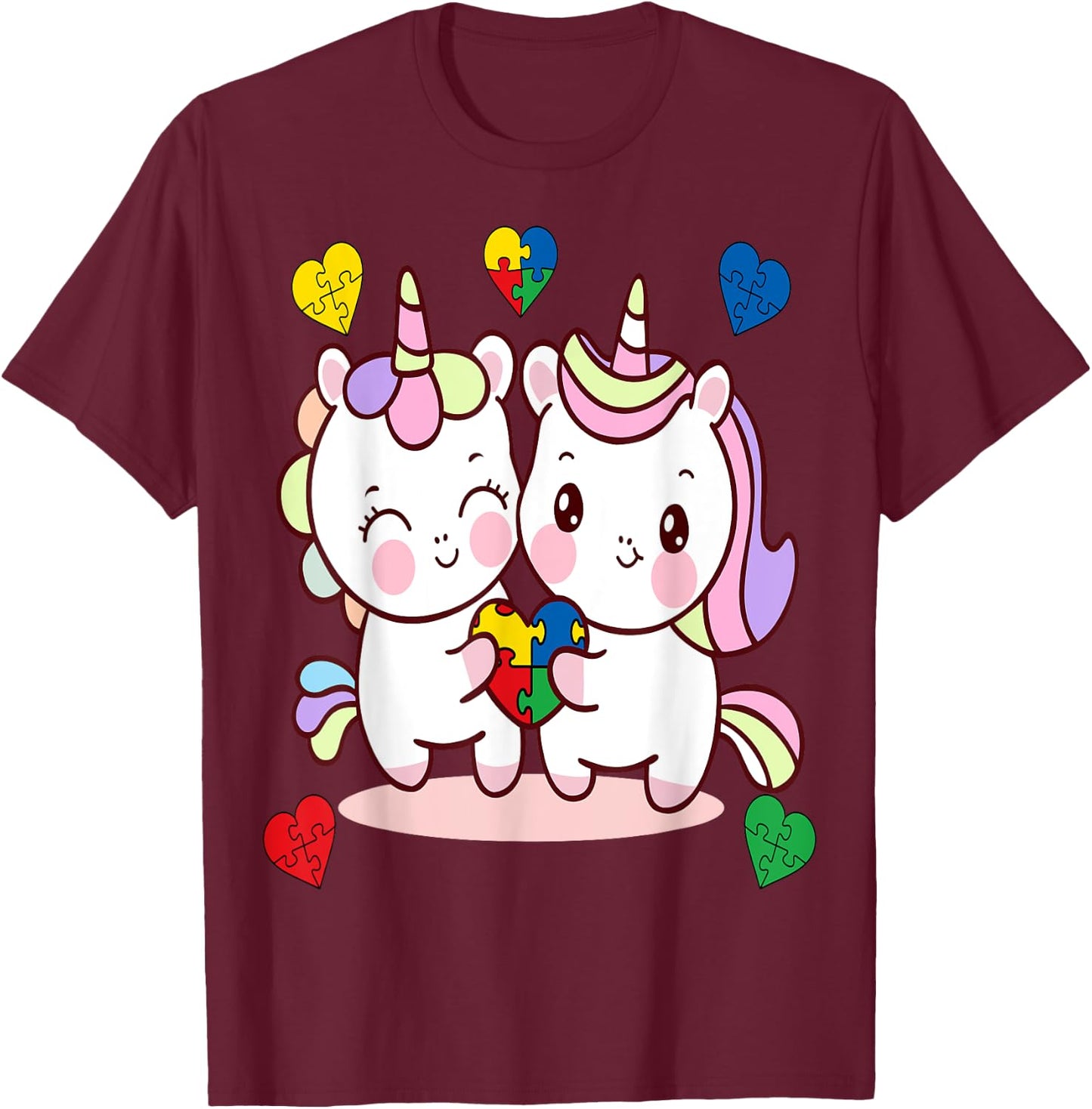 Unicorn Heart Puzzle Piece Autism Awareness Cute Girls T-Shirt - T-Shirt | Maroon