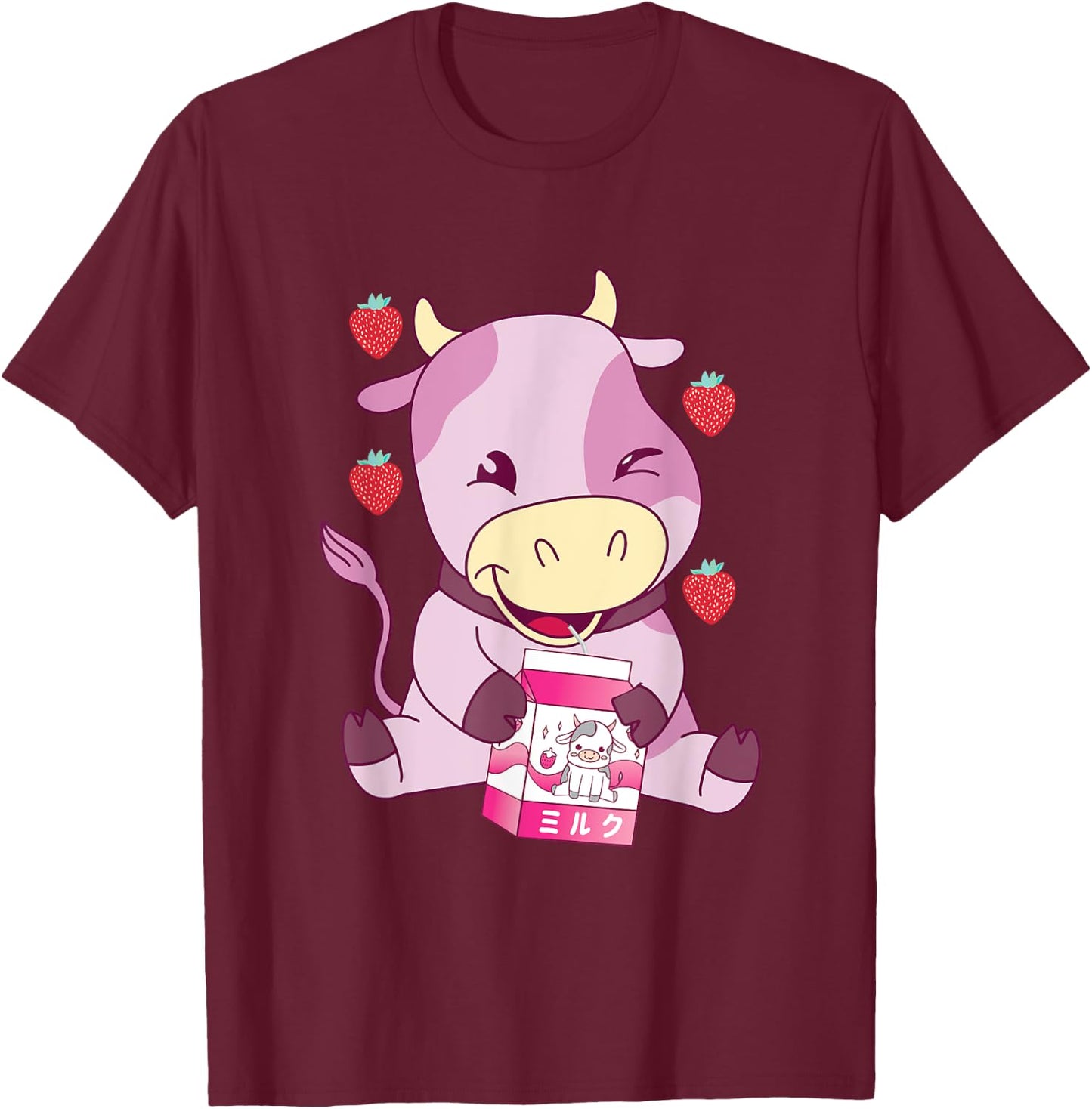 Strawberry Milk Pink Cow Japanese Strawberry Milk Shake T-Shirt - T-Shirt | Maroon
