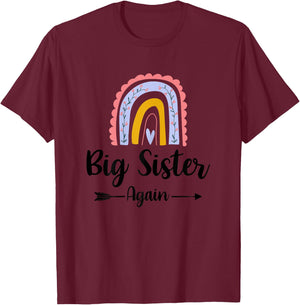 Soon To Be Big Sister Again Pregnancy Reveal Rainbow Graphic T-Shirt - T-Shirt | Maroon