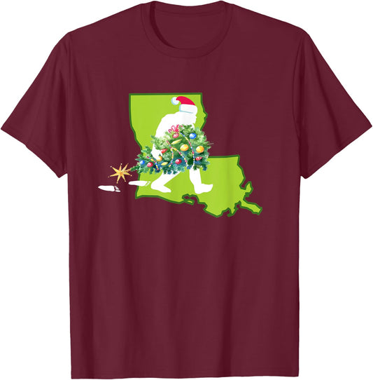 Louisiana Bigfoot State Christmas Tree T-Shirt - T-Shirt | Maroon