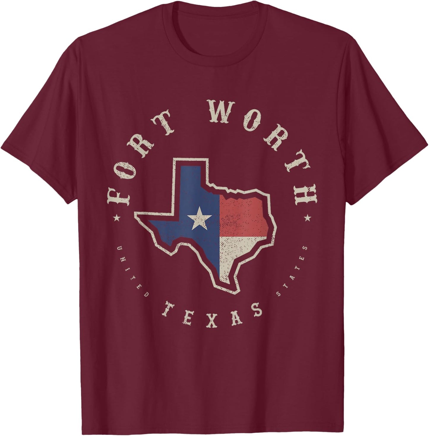 Vintage Fort Worth Texas State Flag Map Souvenir Gift T-Shirt - T-Shirt | Maroon