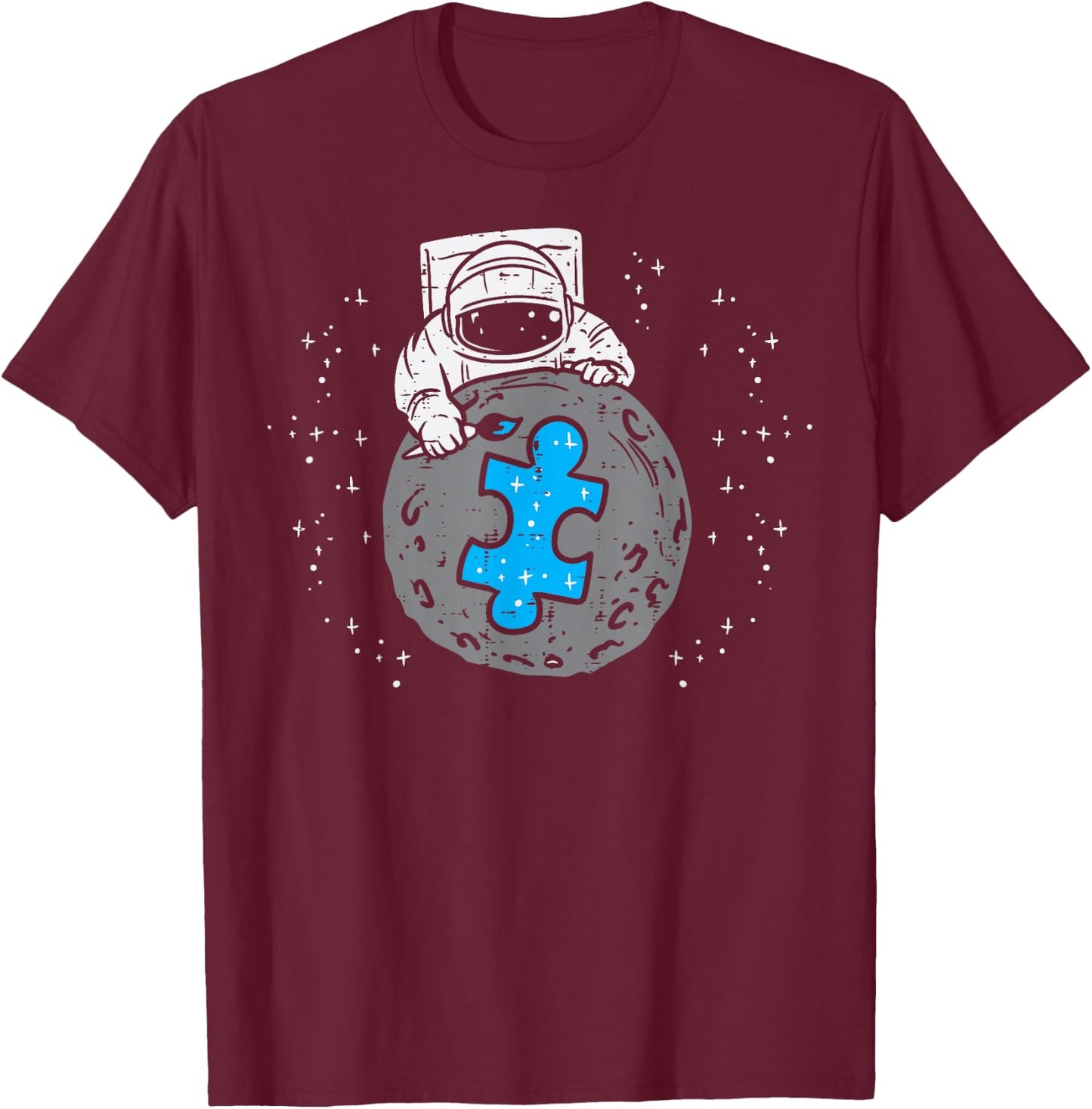 Astronaut Moon Blue Puzzle Piece Autism Awareness Boys Kids T-Shirt - T-Shirt | Maroon