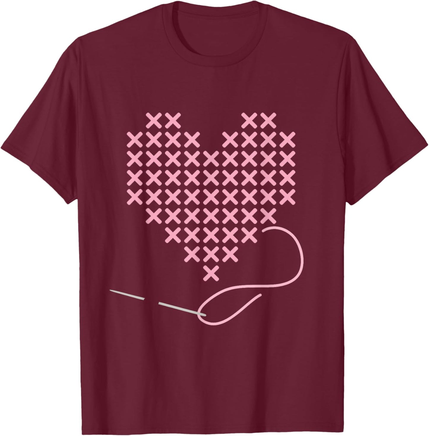 I love Cross Stitch Heart and Needle in Pink T-Shirt - T-Shirt | Maroon