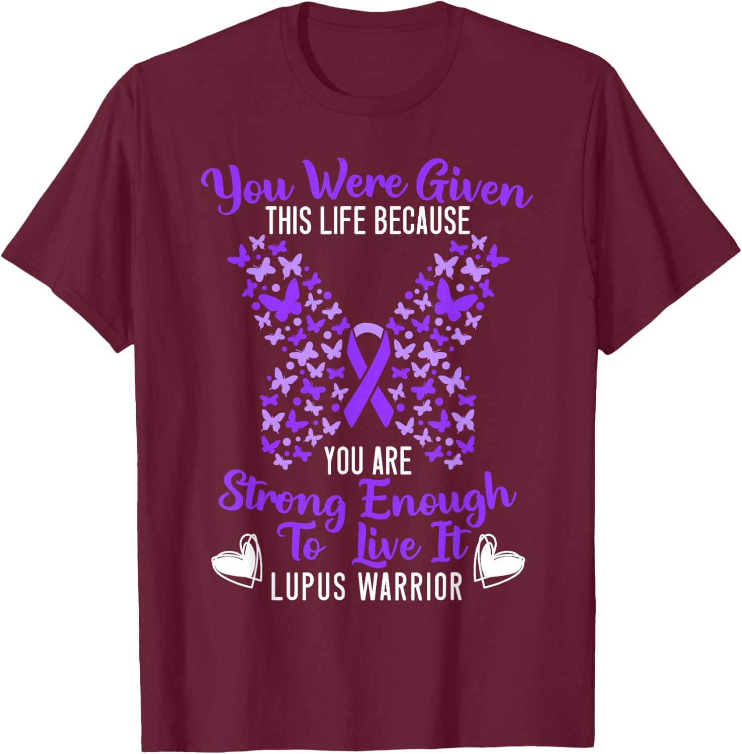Lupus Warrior Lupus Awareness Butterfly Purple Ribbon SLE T-Shirt - T-Shirt | Maroon