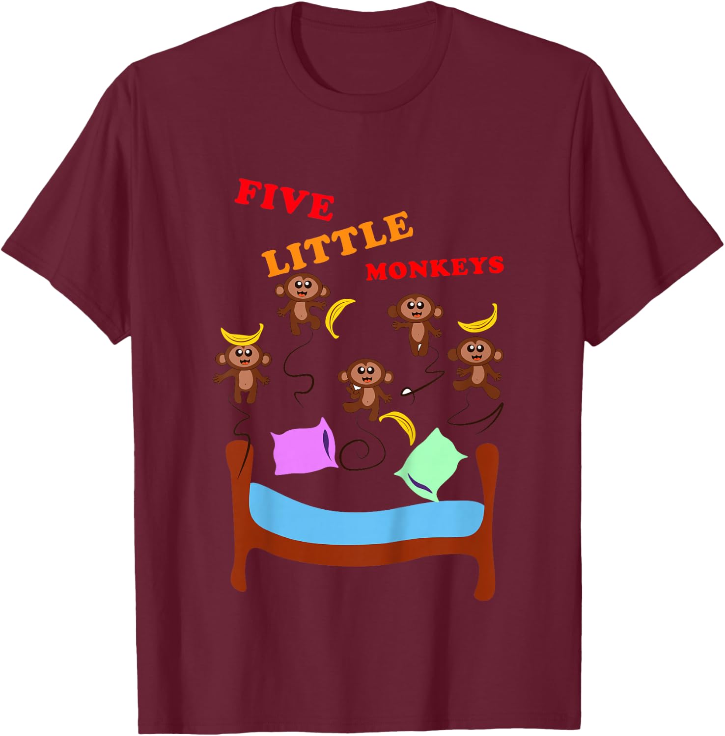 Five Little Monkeys Novelty Nursery English Rhyme T-Shirt - T-Shirt | Maroon