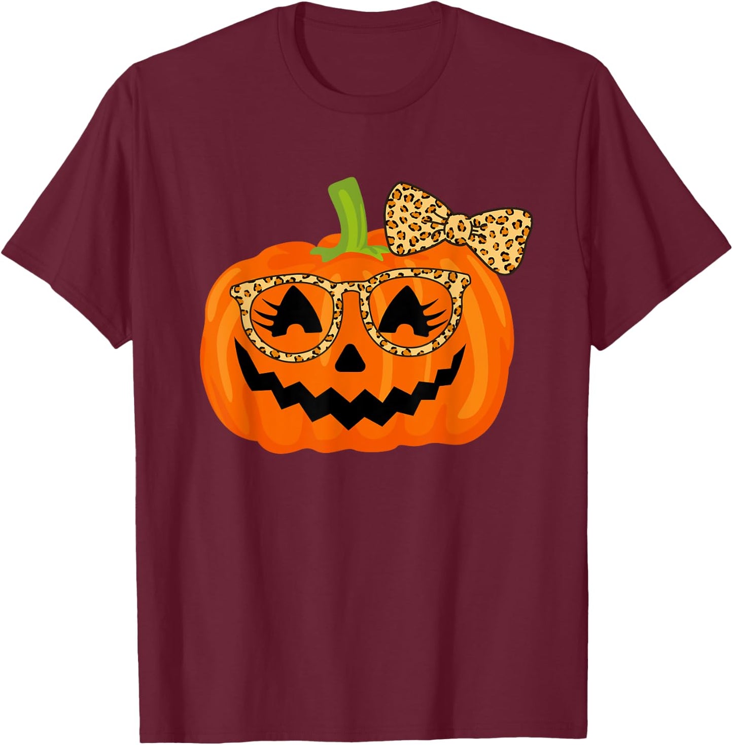 Jack O Lantern Face Pumpkin Halloween Leopard Print Glasses T-Shirt - T-Shirt | Maroon