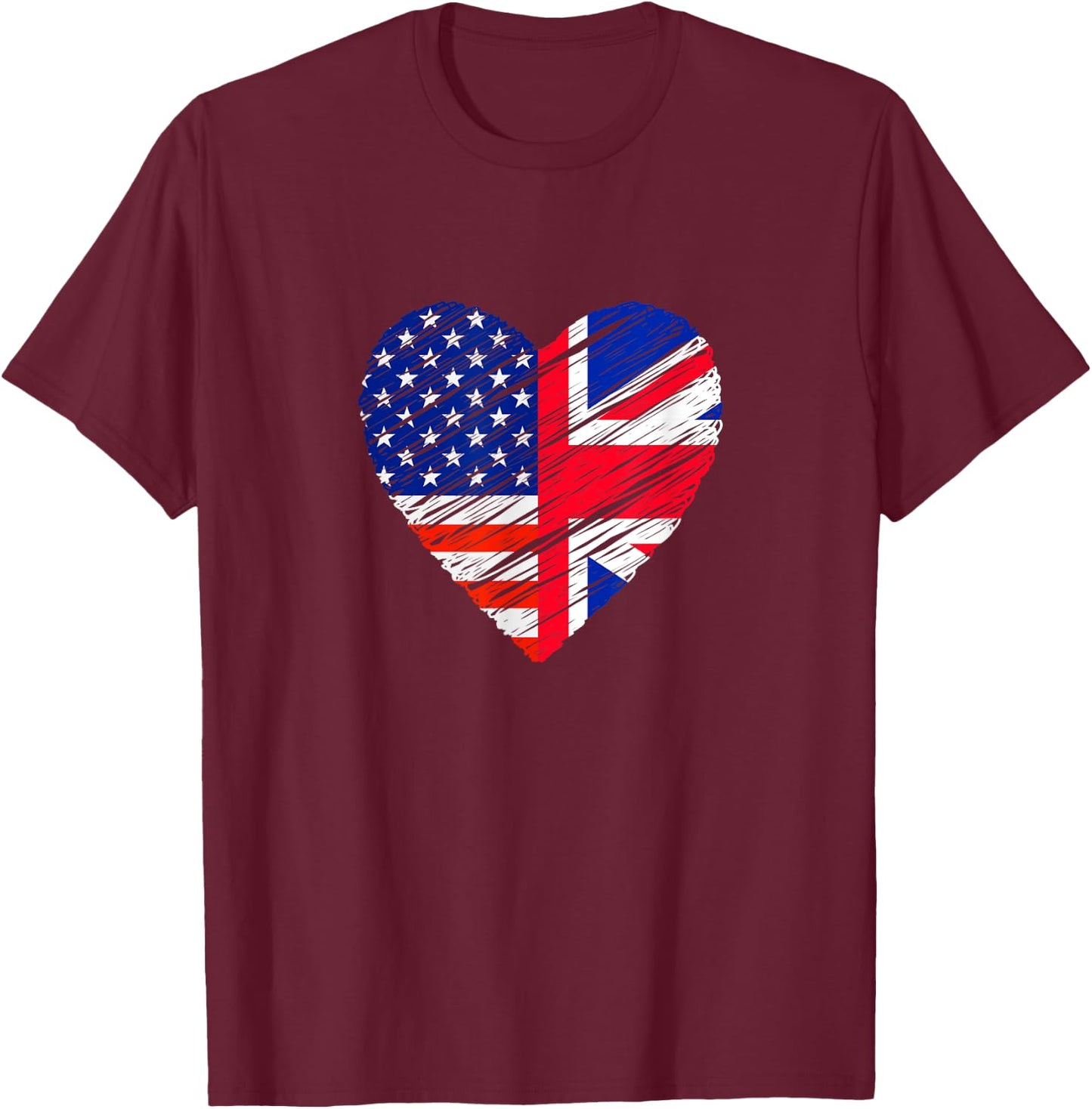 Great Britain USA Heart American Flag UK Flag Love Heart T-Shirt - T-Shirt | Maroon