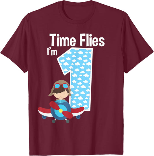 Time Flies I'm 1 1st Birthday Airplane Pilot Flying T-Shirt - T-Shirt | Maroon