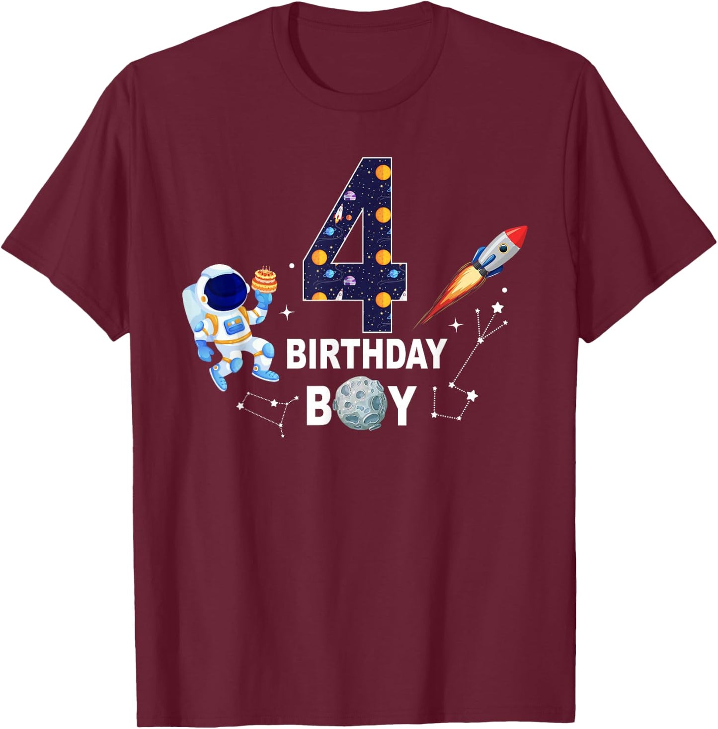 4 Years Old Birthday Boy Space Astronaut 4th Birthday T-Shirt - T-Shirt | Maroon