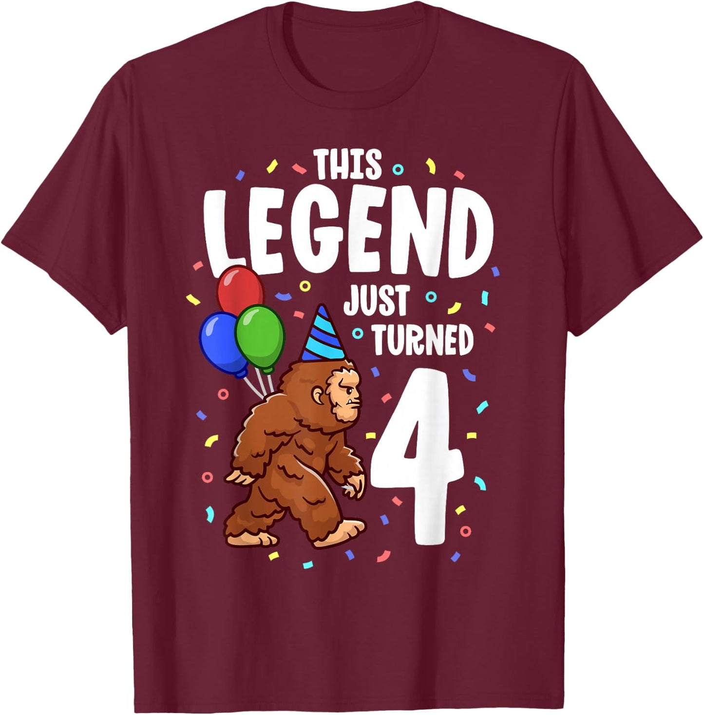 Bigfoot Birthday Party 4 Years Old Sasquatch Theme Boys T-Shirt - T-Shirt | Maroon