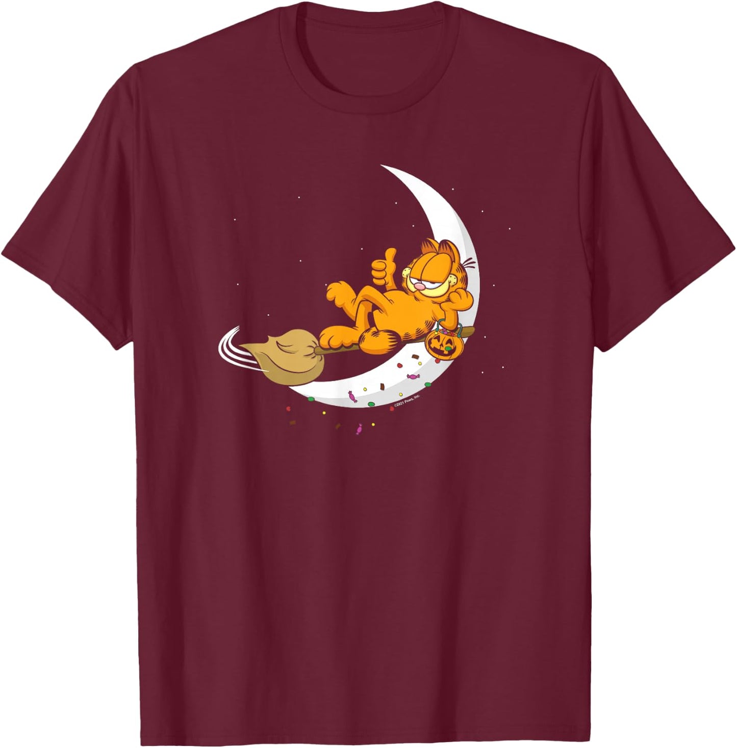 Garfield Halloween Crescent Moon Broom Riding Garfield T-Shirt - T-Shirt | Maroon