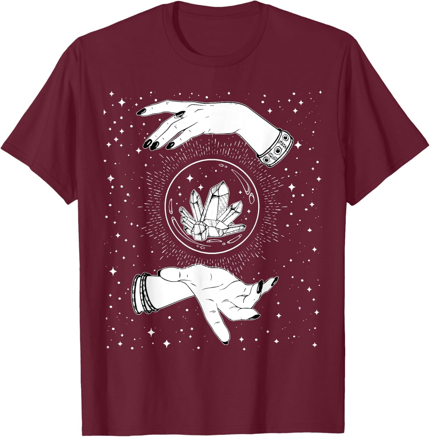 Retro Vintage Witchy Crystal Ball Witch Hands & Stars Black T-Shirt - T-Shirt | Maroon