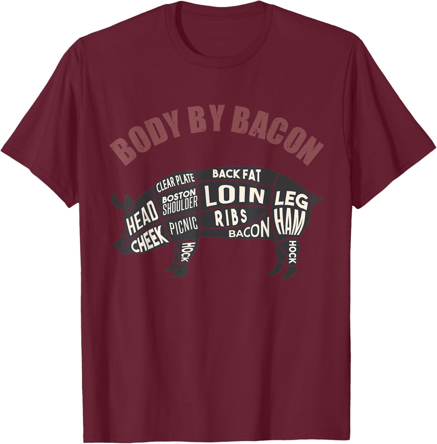 Body By Bacon Funny Parts of Pork on the Pigs Body Apparel T-Shirt - T-Shirt | Maroon
