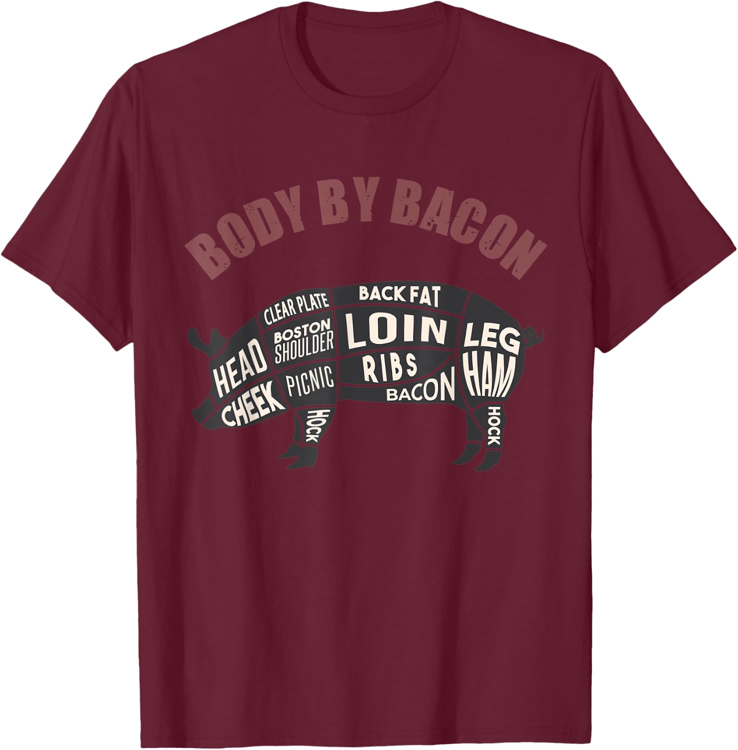 Body By Bacon Funny Parts of Pork on the Pigs Body Apparel T-Shirt - T-Shirt | Maroon