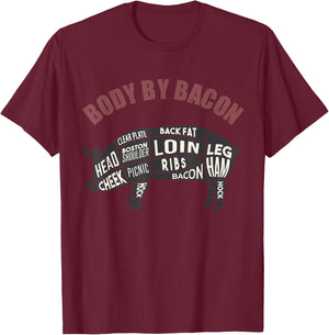 Body By Bacon Funny Parts of Pork on the Pigs Body Apparel T-Shirt - T-Shirt | Maroon