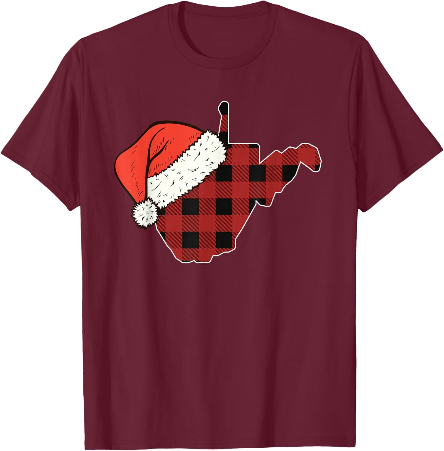 West Virginia Plaid Christmas Santa Hat Holiday Matching T-Shirt - T-Shirt | Maroon