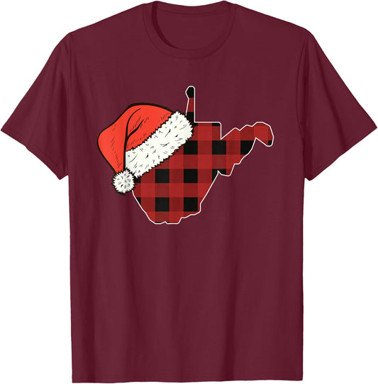 West Virginia Plaid Christmas Santa Hat Holiday Matching T-Shirt - T-Shirt | Maroon