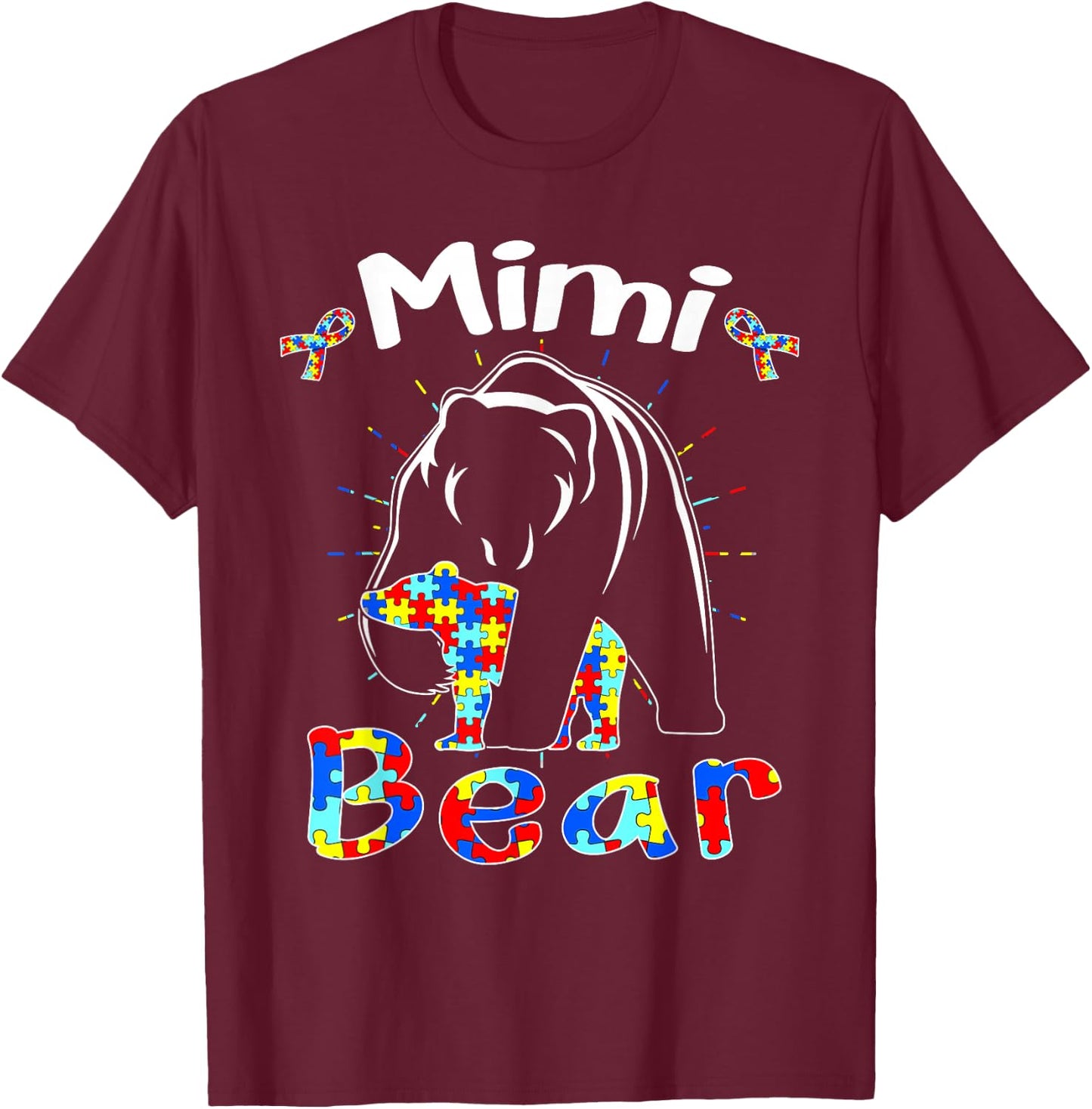 Cute Mimi Bear Autism Awareness Autistic Family Lover T-Shirt - T-Shirt | Maroon